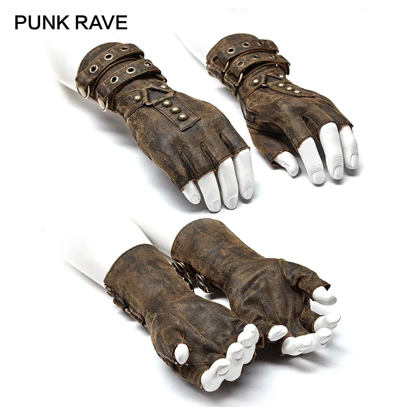 PUNK RAVR Steampunk Men Rivets Fingerless Gloves Inelastic PU Army Style Motorcycle One Pair Military Gothic Dieselpunk Glove