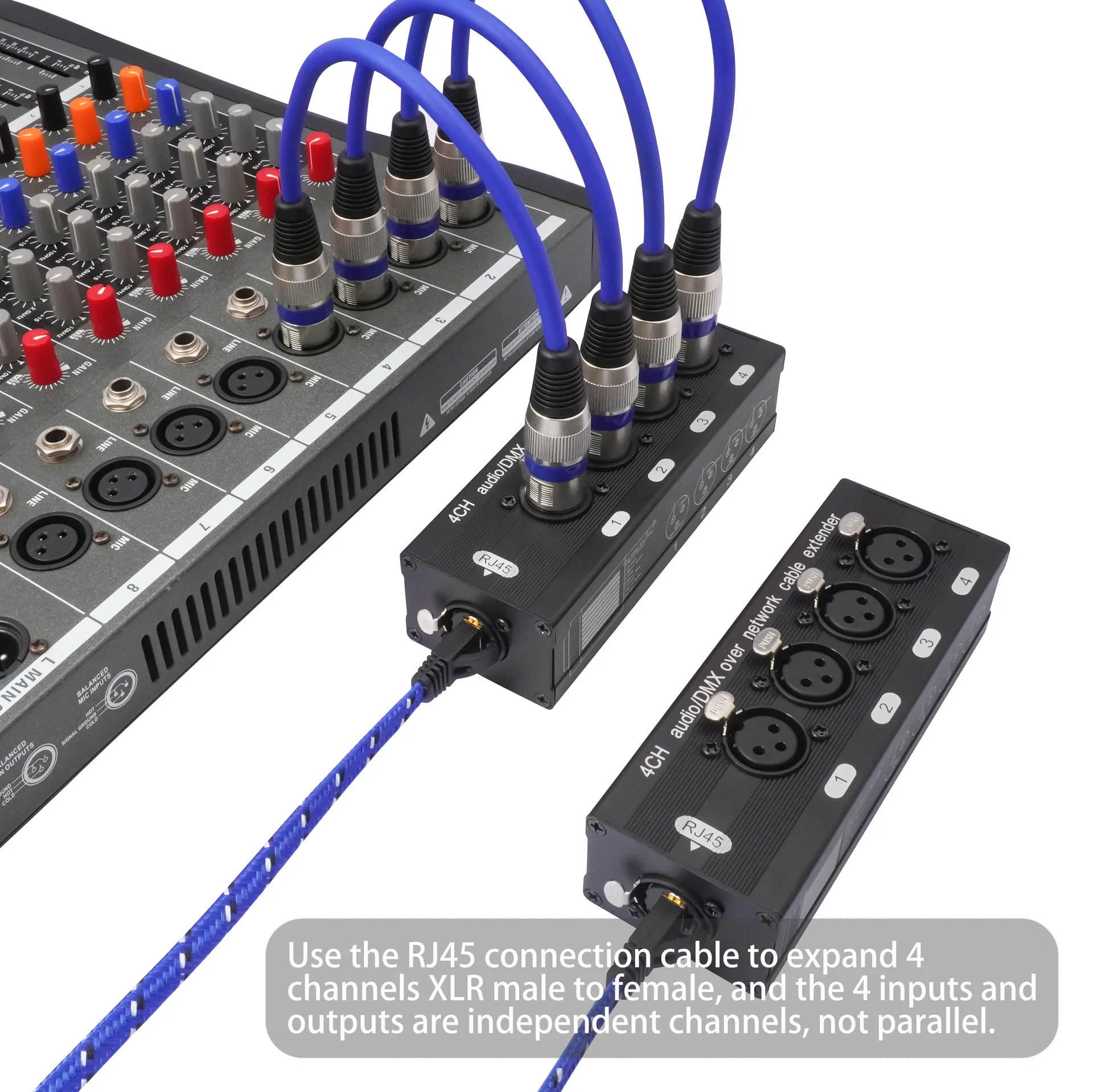 

NEW 1pcs RJ45 CAT5 to 4 Channel 3Pin XLR Audio/DMX over Network Cable Extender for Live Stage,Lighting,Audio Recording Studio