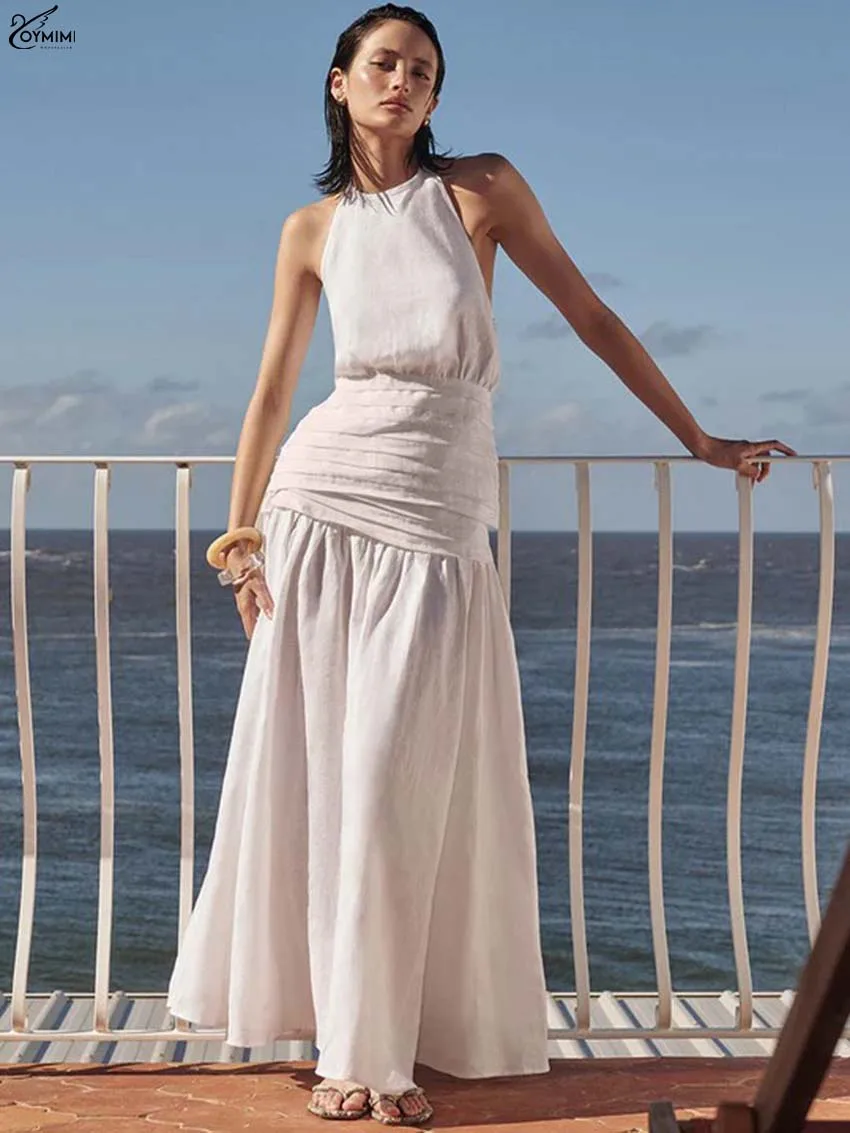 

Oymimi Casual White Cotton Two Piece Outfits Woman Fashion O-Neck Sleeveless Open Back Tops And High Waist Pleated Skirts Sets