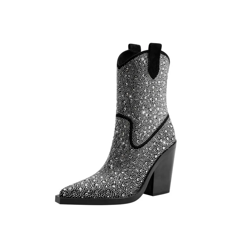 Water Diamond Slope Pointed Western Mid-calf Boots European American Autumn Winter New Zipper Black Red Women's Short Boots 43