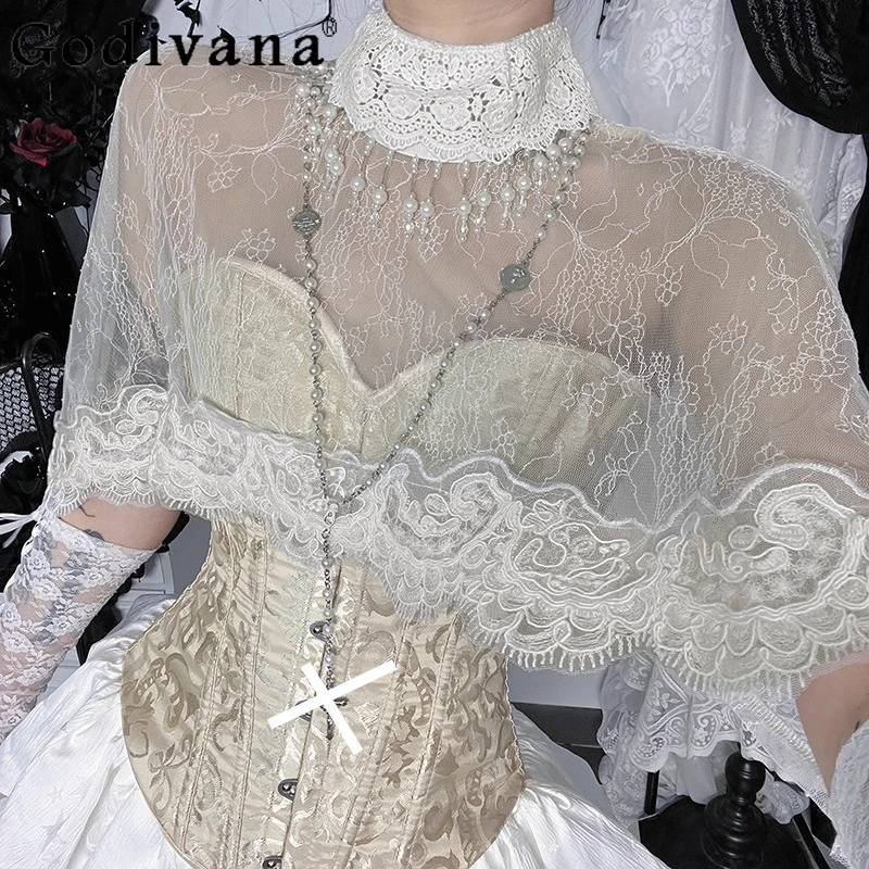 

Halloween French Court Elegant Lace Pearl Semi-turtleneck White Blouse Spring Autumn Girls Sexy Transparent Shawl Chiffon Shirt