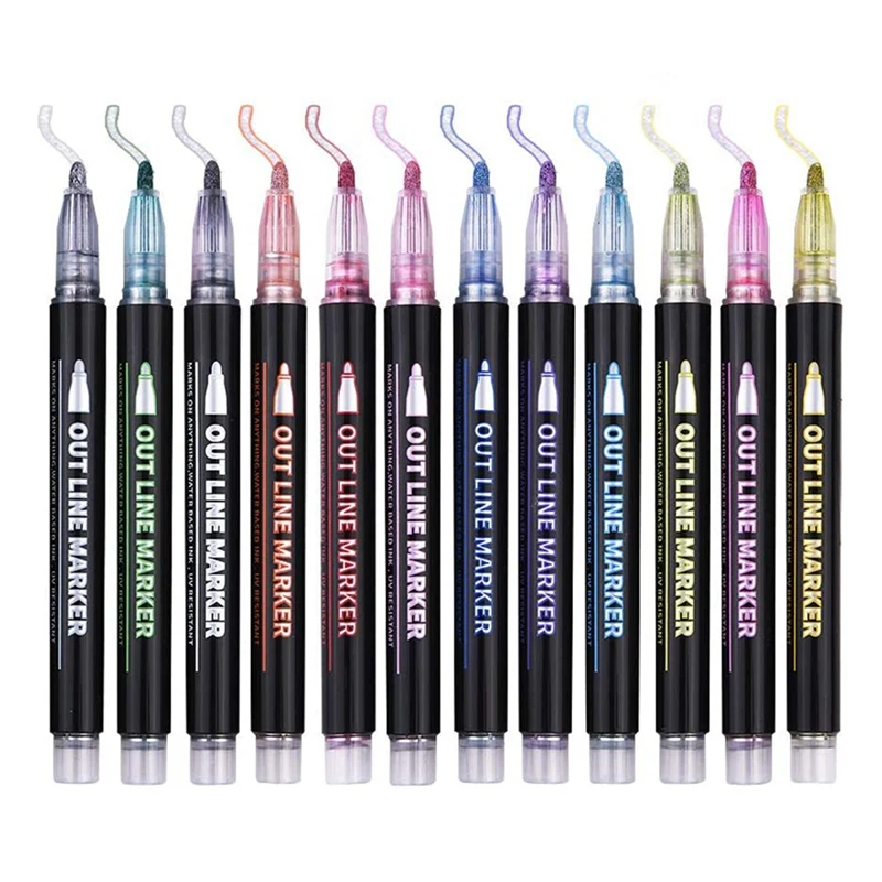 Double Line Outline Pens 12 Colors Outline Metallic Markers Glitter Outline Pens Writing Drawing Pens DIY Art Crafts