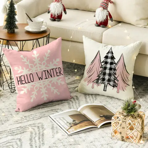 1/4 पीस क्रिसमस तकिया कवर, गुलाबी प्रिंटेड कुशन कवर, फार्महाउस सजावटी सोफा, क्रिसमस सजावट (तकिया कोर के बिना) 6 best sales गुलाबी कुशन कवर - №3