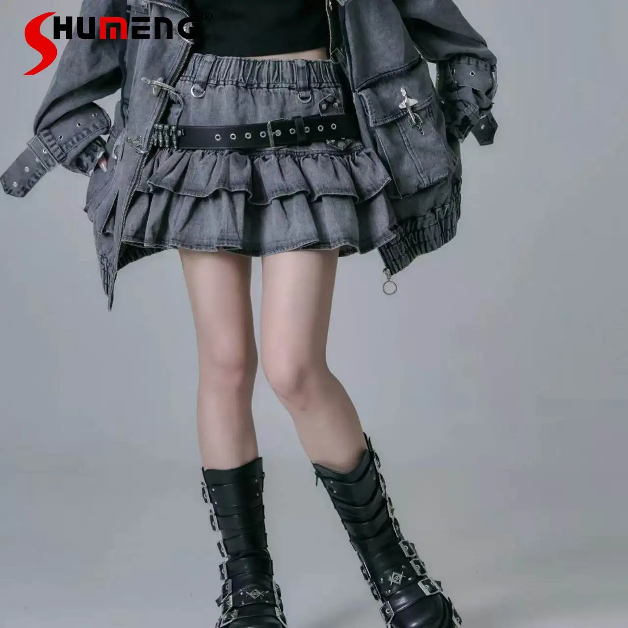 

Japanese Highstreet Subculture Cake Layered PU Short Y2k Girl's Skirt High Waist Belt Punk Style Denim Mini Skirts for Woman