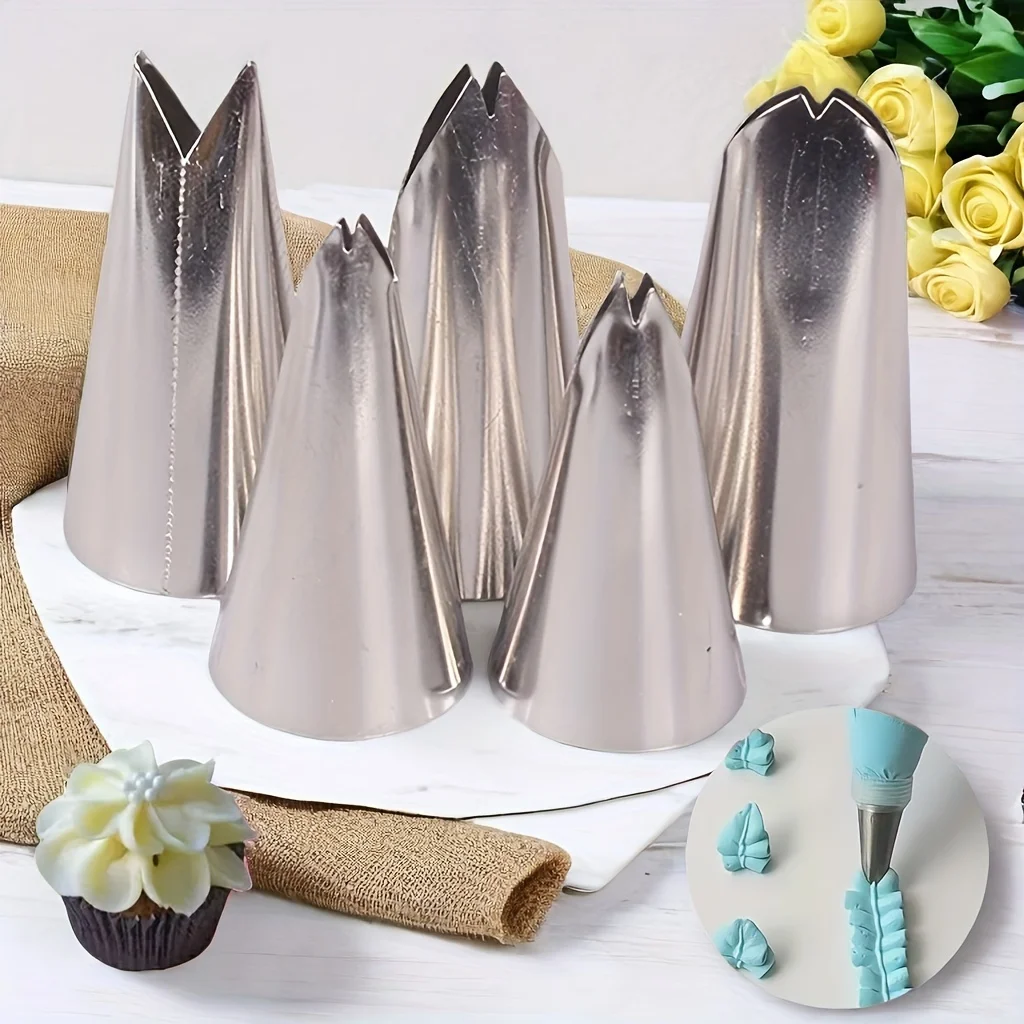 5-Piece Stainless Steel Leaf Piping Nozzles Set  Professional Cake Decorating Tips for Cupcakes & Pastries icing tips