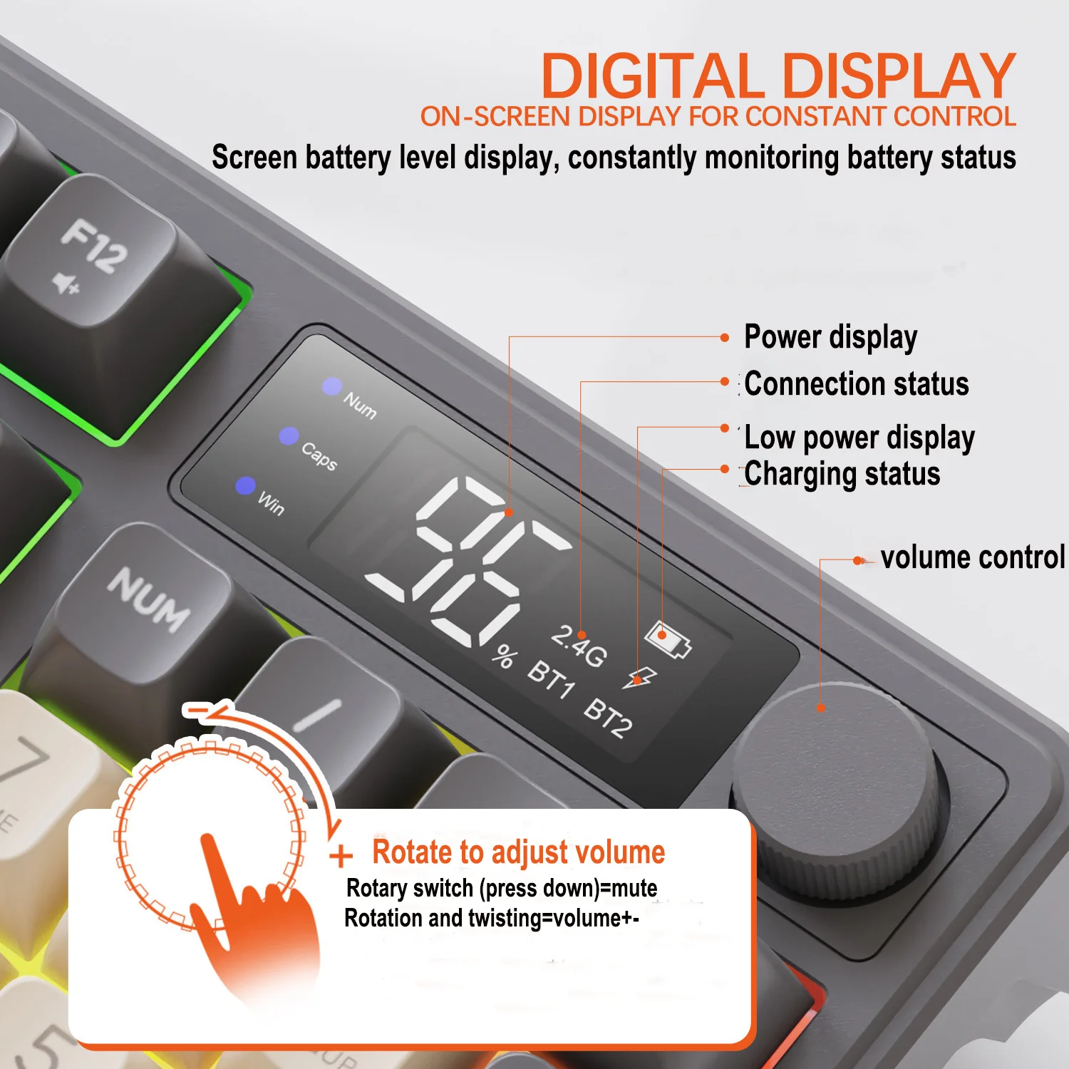 96 Key Russian Wireless Keyboard 2.4G/Bluetooth Dual Mode Connection RGB Backlight Rechargeable Screen display Mute Keyboards