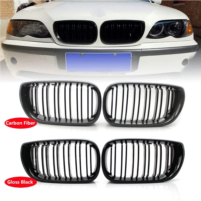 

1 Pair Car Carbon Fiber Front Kidney Grill Grills Double Slat for BMW 3 Series E46 318i 320i 328i 4 Door 2002-2005 Racing Grills