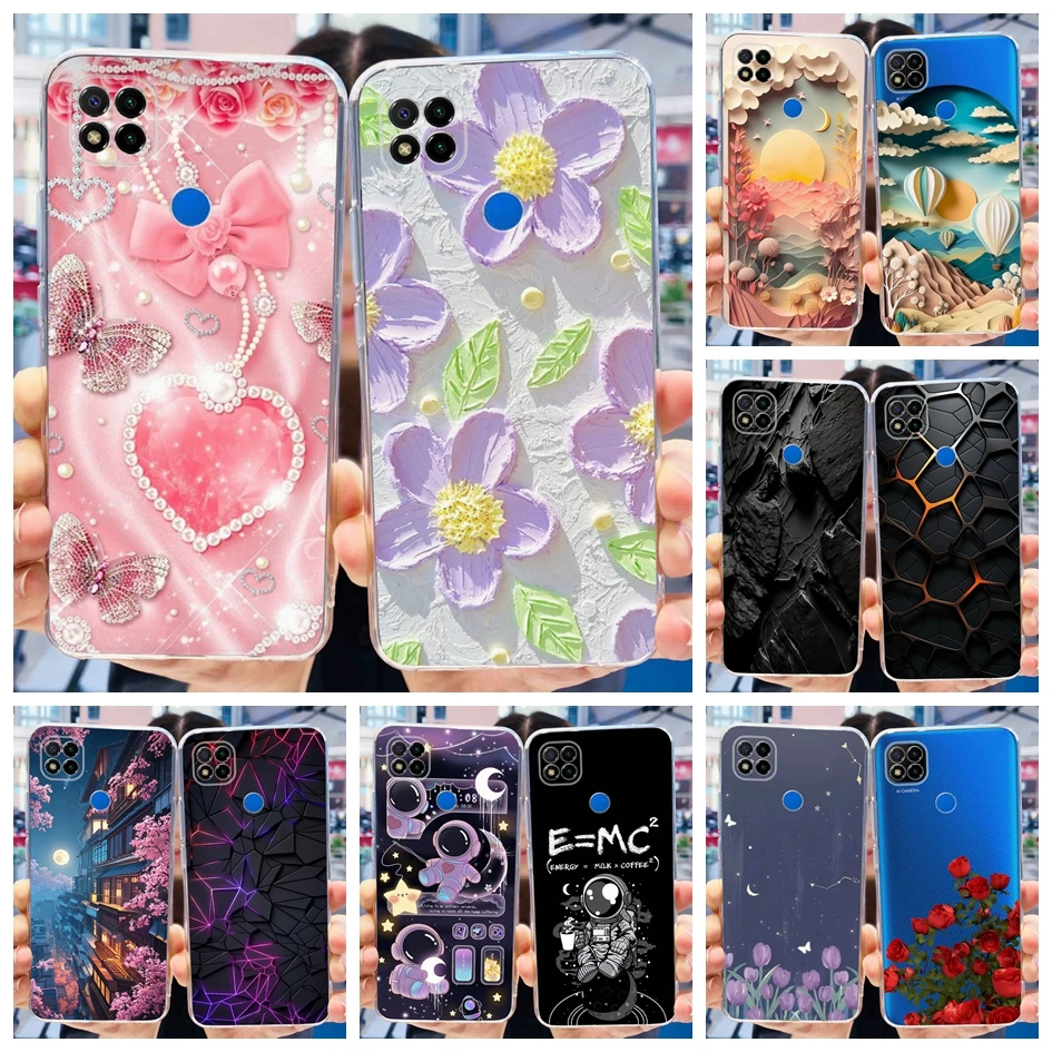 Capa Anti-Choque para Xiaomi, Capa Flor, Silicone Macio, Transparente, Redmi 9C, NFC, Redmi 9C, 9