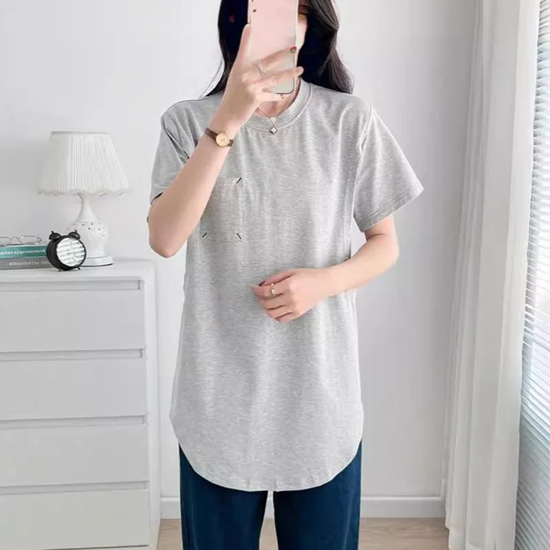 Maternity Summer T Shirt Casual Breastfeeding Clothes Nursing Horizontal Zipper Lactation Top Soft Cotton Plus Size L-3XL