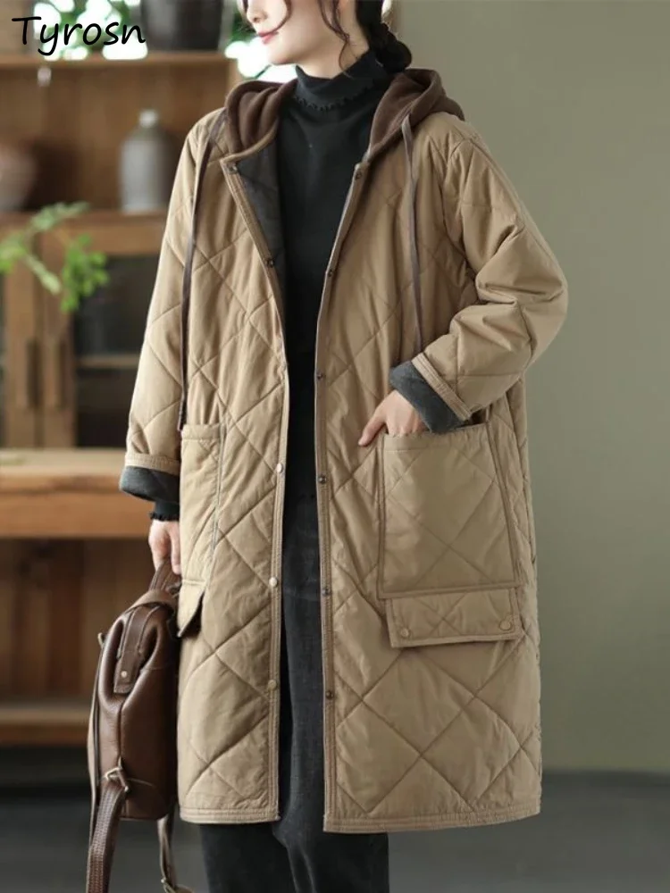 

Теплые парки с капюшоном, женское винтажное пальто, универсальная уличная одежда, мешковатая модная зимняя одежда в корейском стиле с литературными карманами