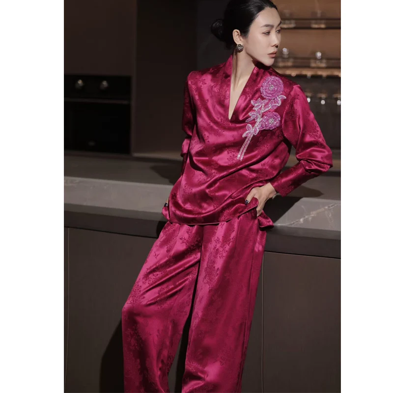 

Spring New V-neck Long Sleeved Three-dimensional Flower Embroidered Top+Elastic Waist Wide Leg Pants Acetate Fabric 2-piece Set