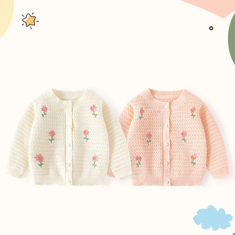 UNITIM Ins Autumn Toddler Girls Knitted Tops Floral Embroidery Hollow Little Girls Knitwear Long Sleeeve Baby Girl Thin Coat