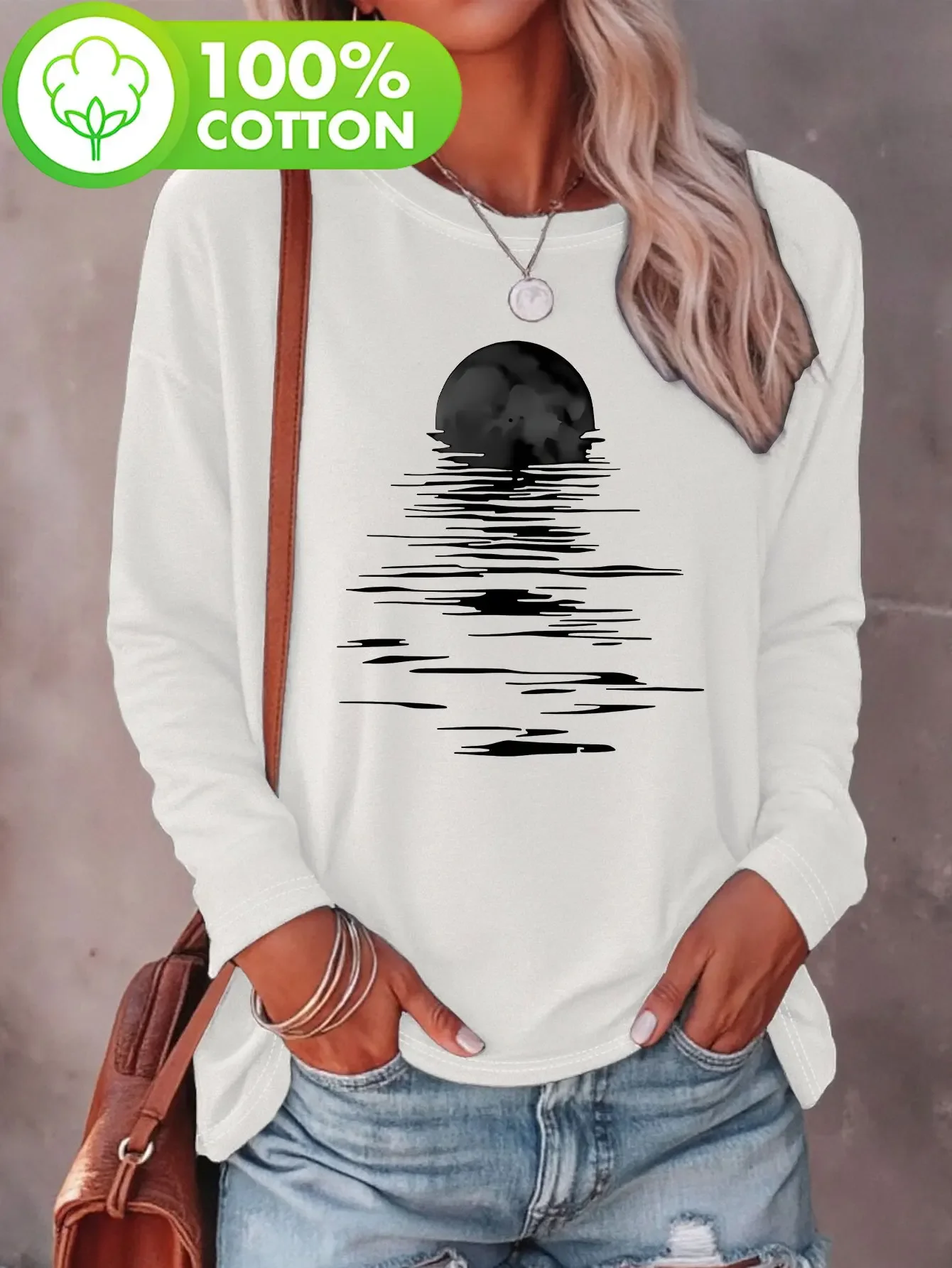 Harajuku Women'S 100% Cotton Moon Art Long Sleeve T-Shirt Casual Crew Neck Fall Winter Fashion Top with Moon & Stars Design