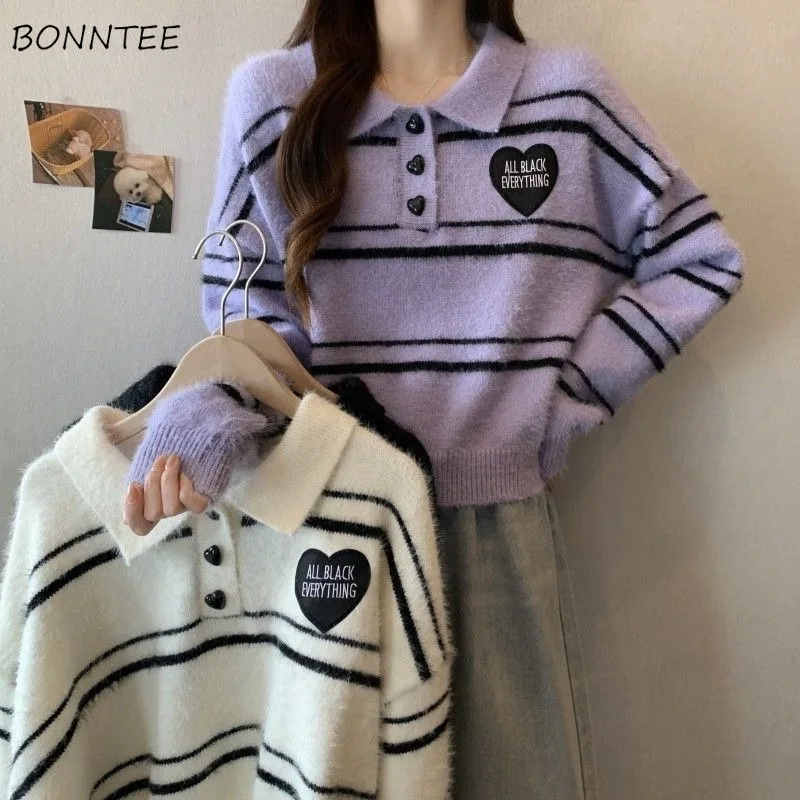 

Pullovers Women Preppy Style Striped Ins Loose Turn-down Collar Korean Niche Autumn Winter Sweet Cool Tops Long Sleeve Knitted