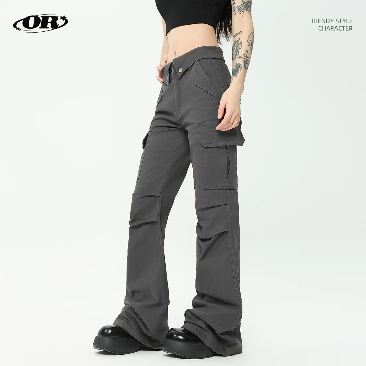 

OR FL Street Trend Fold Turn Over American style 97 Cotton Women Cargo Trousers Slimming Cleanfit Wei La Slacks Wide Leg Pants