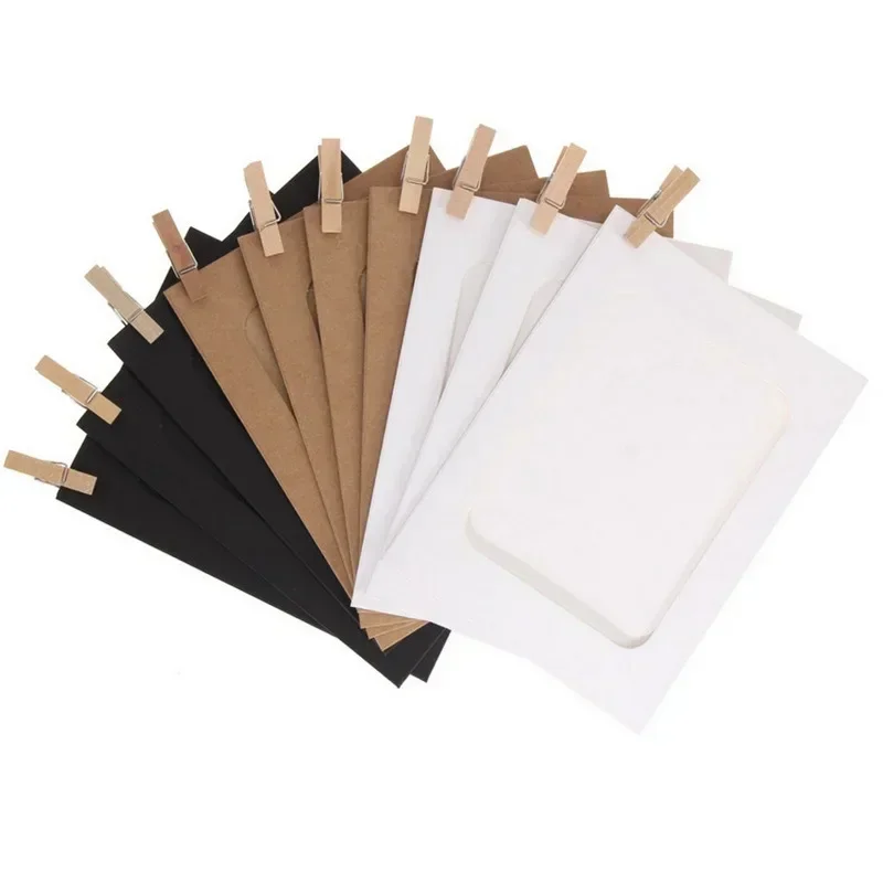 10pcs Great for Home Decor DIY Photo Frames DIY Kraft Paper Cardboard Photo Frame with Wooden Clips and String