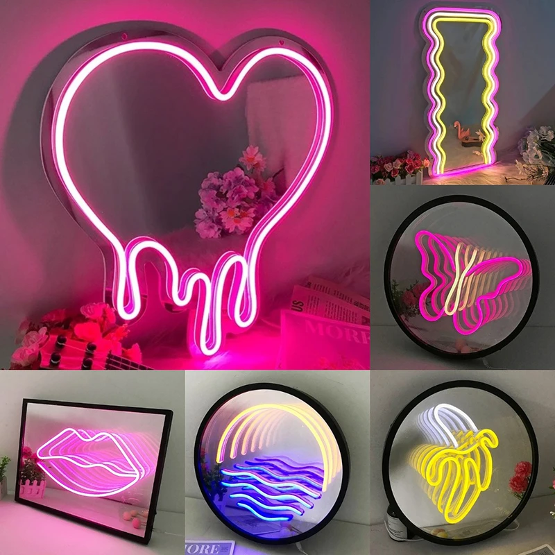 

11 Styles LED Neon Mirror Girls Heart Shape Vanity Mirror with Led Lights Room Desktop Wall Decoration Makeup Mirror Lamp Sign