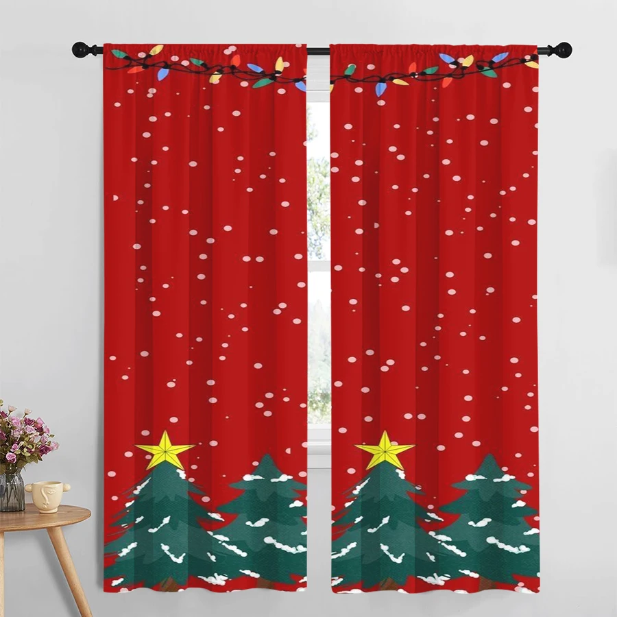2PCS Digital Print Curtain, Red Background with Colorful Christmas Lights and Snowy Pine Trees, Yellow Stars, for Bedroom Decor