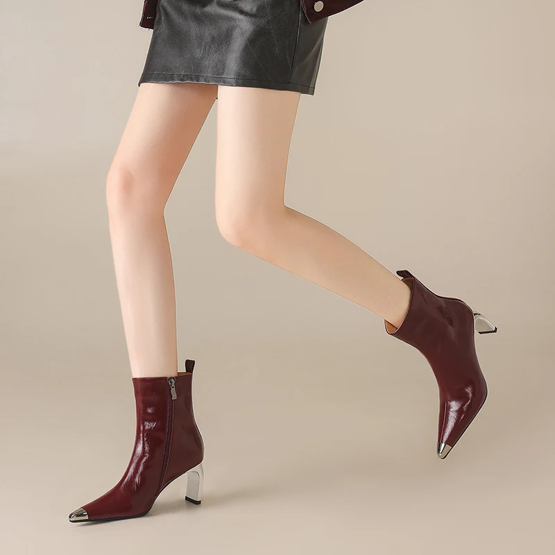 

Ankle Boots Women Genuine Leather Metal Pointed Toe Chunky Heel High-End Fashion Chic Handmade Boots
