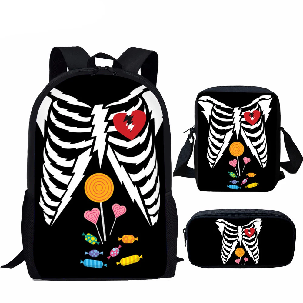 Tas sekolah motif kerangka gaya Halloween, Set tas sekolah 3 buah untuk anak-anak laki-laki perempuan, tas penyimpanan kasual pelajar, tas buku Laptop remaja