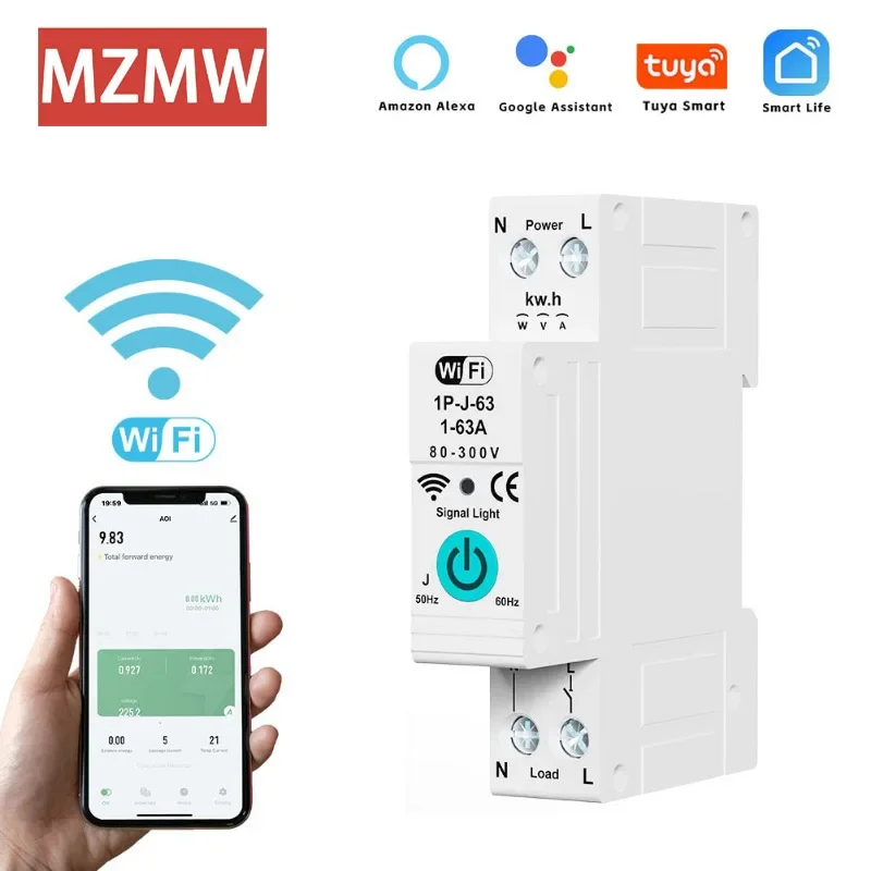 

TUYA 220V 1P+N WIFI Overcurrent Protection Smart Switch Reclosing Energy Meter Kwh Metering Monitoring Circuit Breaker Smartlife