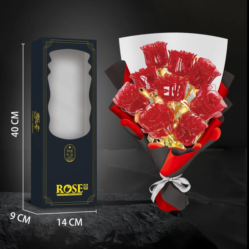 MOC Crystal Black Purple Red Rose Pink Blue Rose Flower Building Blocks Set Wedding Bouquet Plant Toys Children Birthday Gifts