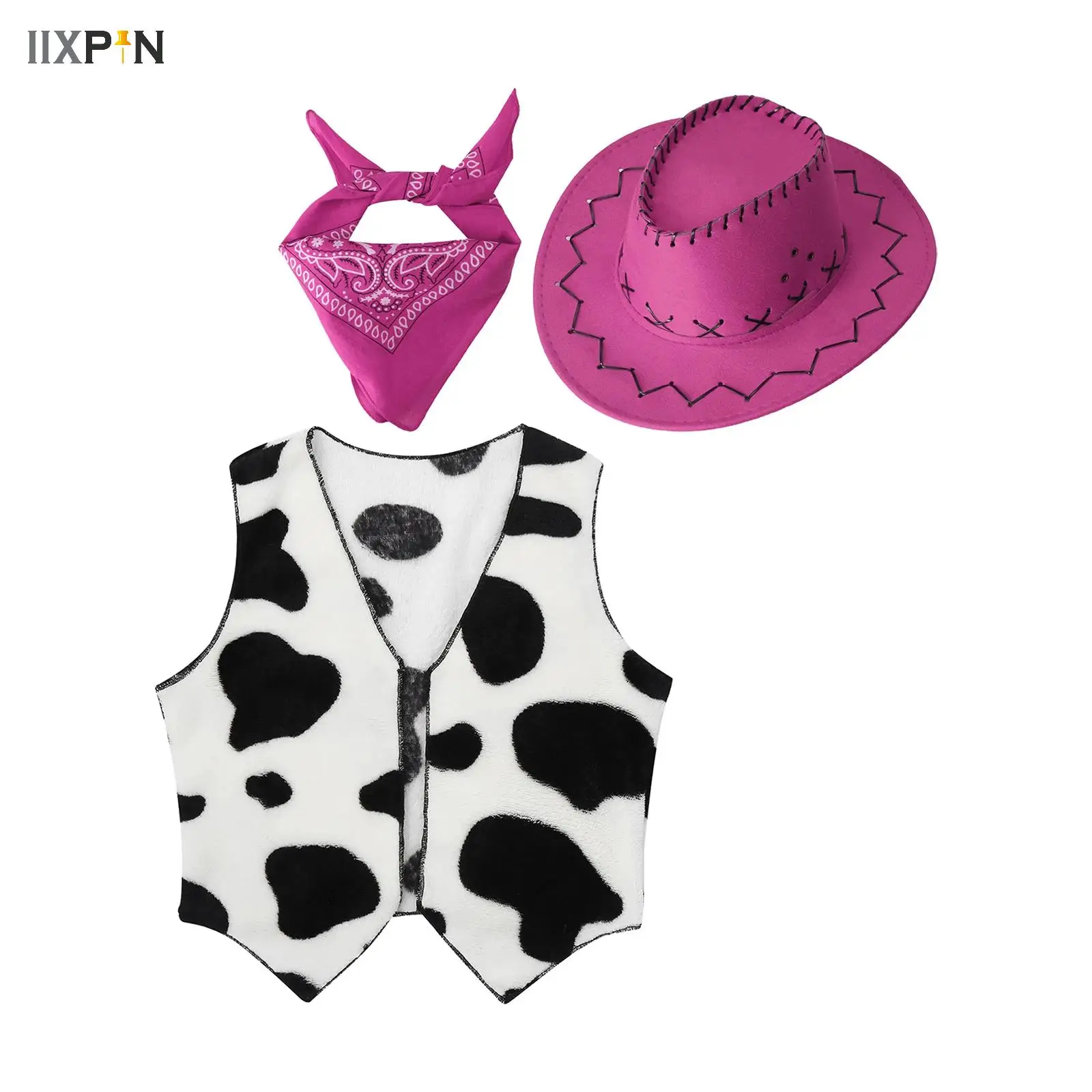 Western Cowboy Costume for Kids Boy Girls Halloween Cowgirl Cosplay Dress Up Printed Waistcoat Vest with Bandanna Hat Set Outfit