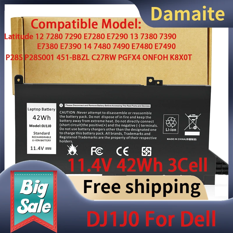 

Damaite DJ1J0 11.4V 42Wh Laptop Batterty For Dell Latitude 12 7280 7290 E7280 E7290 13 7380 7390 P28S001 451-BBZL C27RW PGFX4