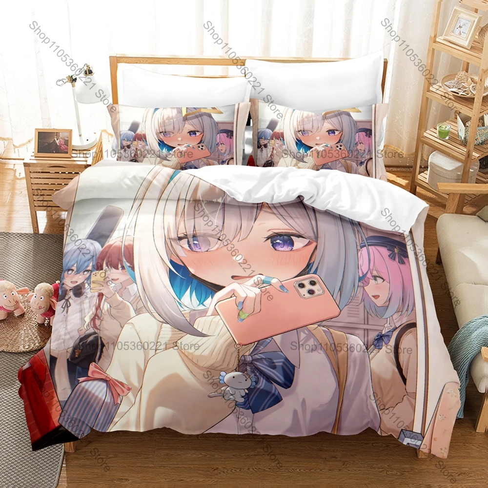 Funda de edredón con estampado de anime Cool Amane Kanata Blue Hair Wing Angel + 2 fundas de almohada, decoración suave de microfibra en colores pastel para dormitorio