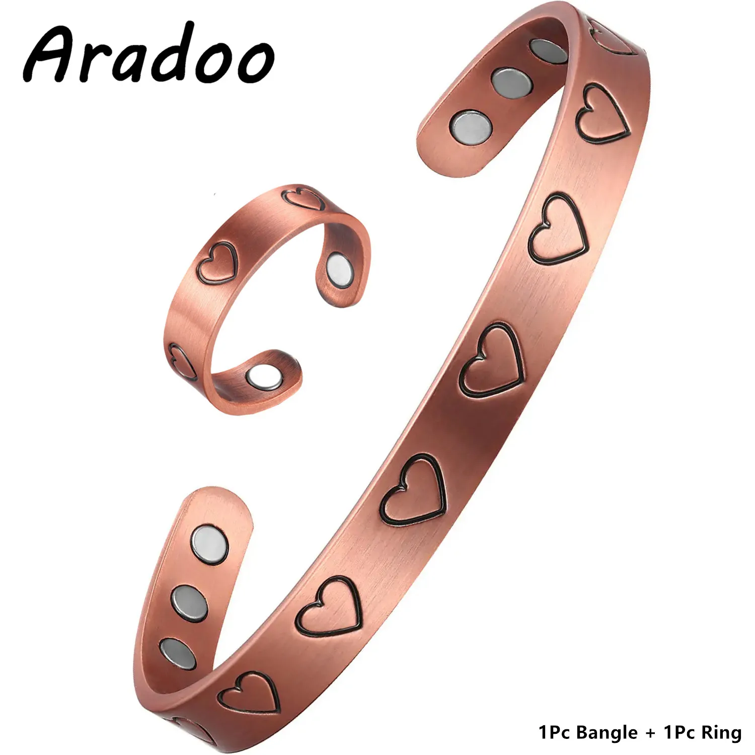 ARADOO Copper Bangle Ring Jewelry Sets for Women Love Heart Design Magnetic Therapy Cuff Bracelet Jewelry Gifts