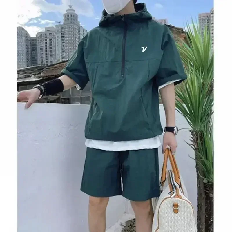 Men's golf clothing: Hooded zip-up short-sleeved shirt + + Sports shorts set - summer casual loose-fitting top