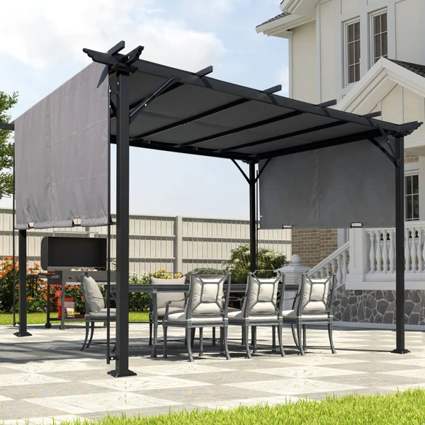 

12 x 9.5 Ft Outdoor Pergola Patio Gazebo,Retractable Shade Canopy,Steel Frame Grape Gazebo,Sunshelter Pergola，Grey