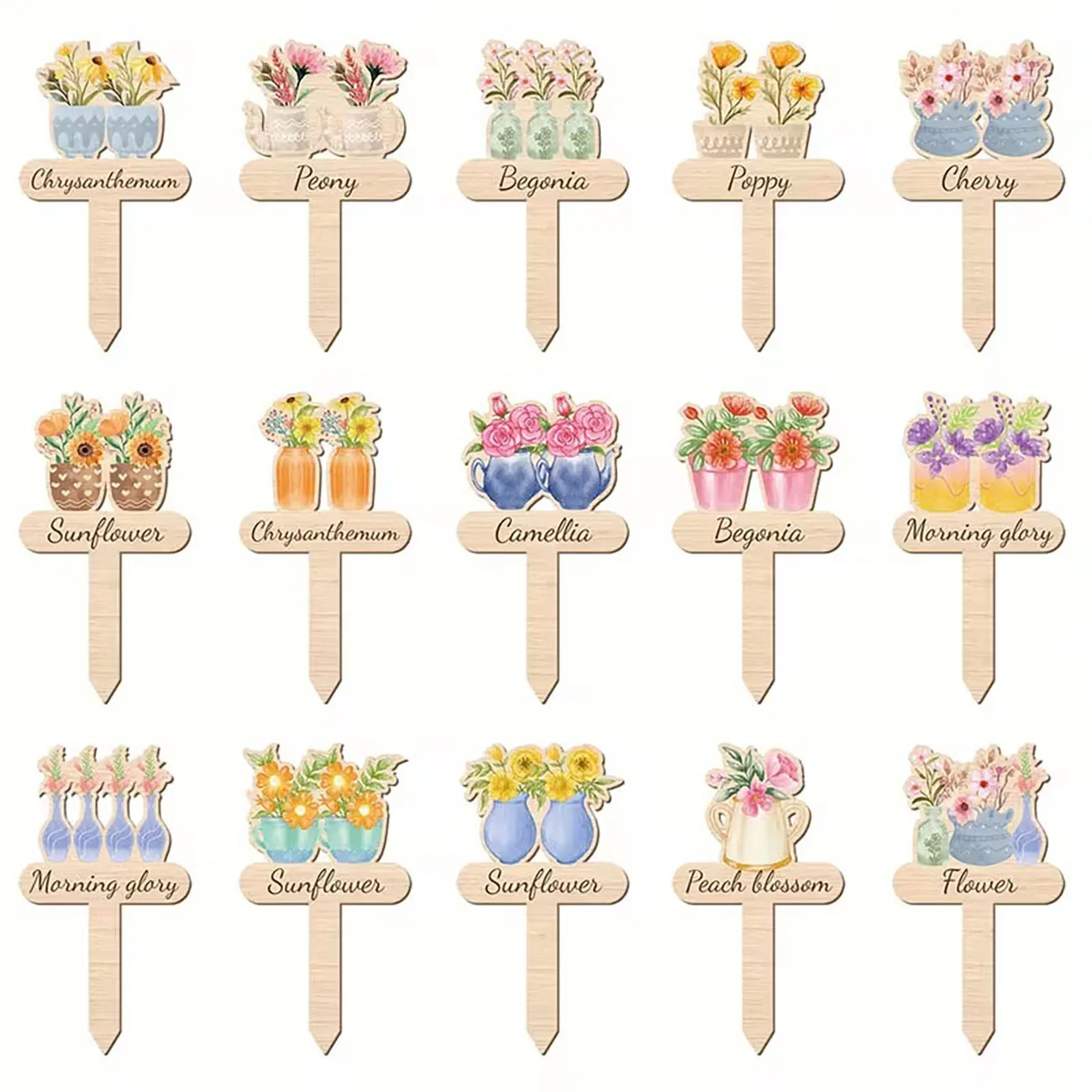 15 Pcs Wooden Watercolor Flower Plant Markers Garden Stakes Tags for Flower Pot Planting Decoration