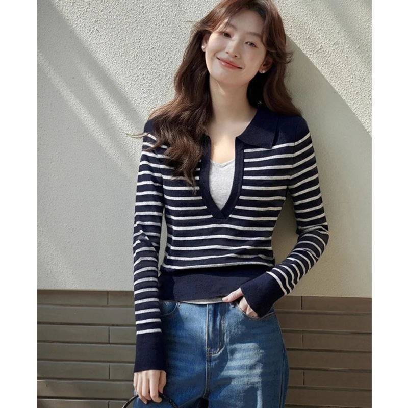 

Korean Style Autumn Winter Top Stripe Color Block Polo Neck Knitted Sweater Women Slim Shirt Fashion Casual Wear Fake Two Pieces