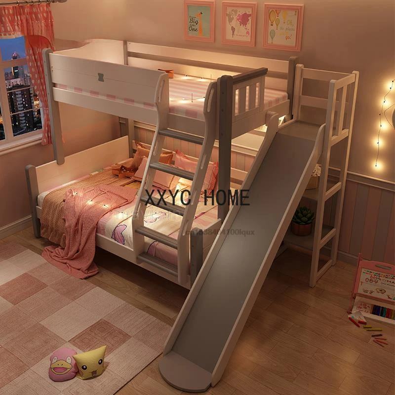 Nordic Style Small Apartment All Solid Wood Bunk Bed With Slide Princess Up Down Children Bedroom Bed Multifunctional Furniture