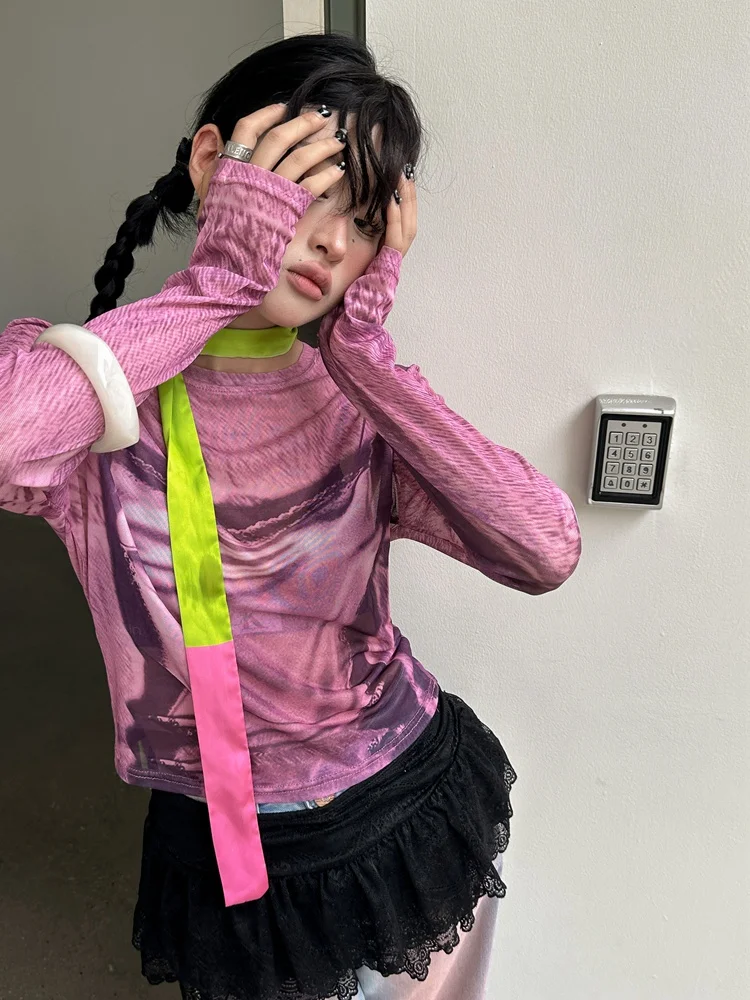 Yedinas Y2k Mesh Tops Long Sleeve T Shirt Women Clothes Sheer T Shirt Women Clothes Summer Tops Chic See Through Tees Tshirts