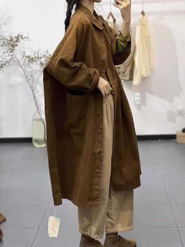 

Повседневное однотонное пальто с лацканами, женское пальто больших размеров, простое ретро-арт, длинная утягивающая ветровка, дышащая длинная све irt