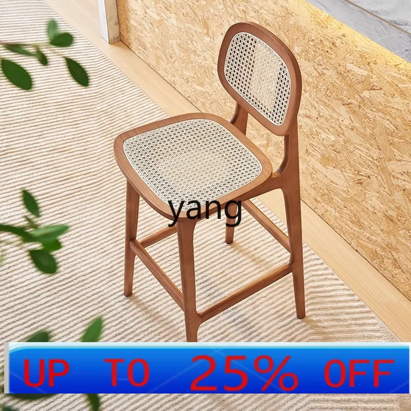 lCX Nordic home solid wood bar chair antique island chair Japanese log wind rattan back chair