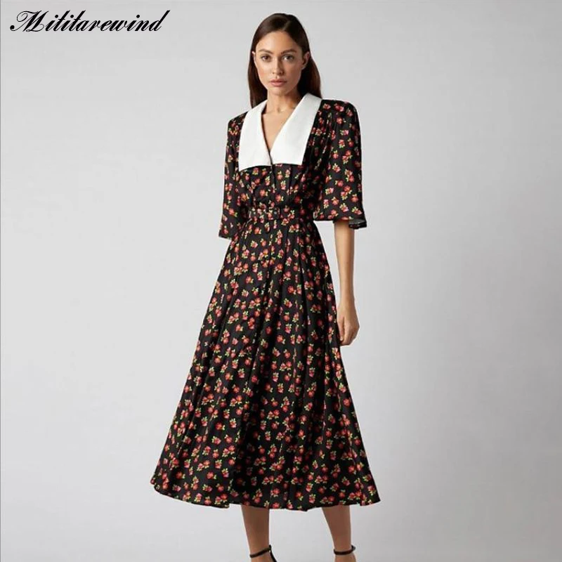 

2023 Fashion New Print Side Split Sheath Dresses for Women Elegant Peter Pan Collar Casual Holiday Beach Femme Long Sleeve Dress