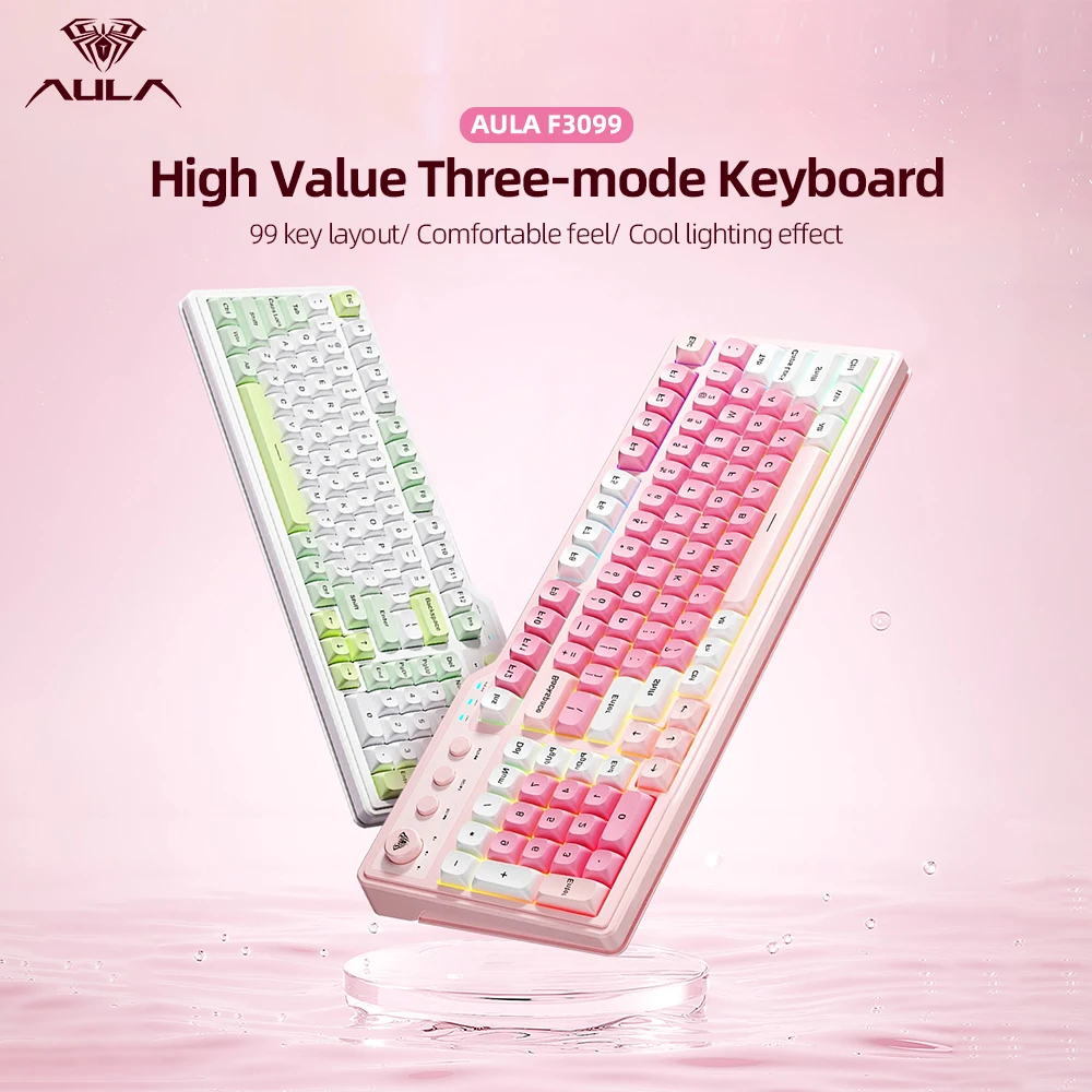 AULA F3099 Membrane Keyboard 99 Key RGB Backlit Light Three-mode Gaming Keyboard Soft Key Sound Office Keyboard W/ Rotary Button