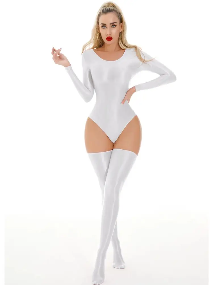 New Unisex Glossy Shiny Long Sleeve Catsuit Swimsuit Tights Sexy Body Teddies Elastic Fitness Bodysuit Swimwear Leotard Unitard image 5