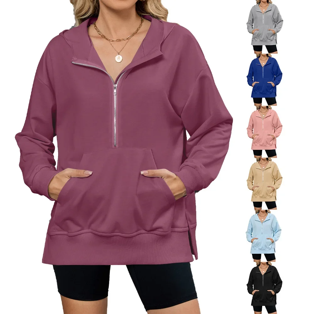Chaqueta cómoda de fibra de poliéster para mujer, Top holgado de manga larga con capucha, sudadera con bolsillo y cremallera para primavera, verano y otoño
