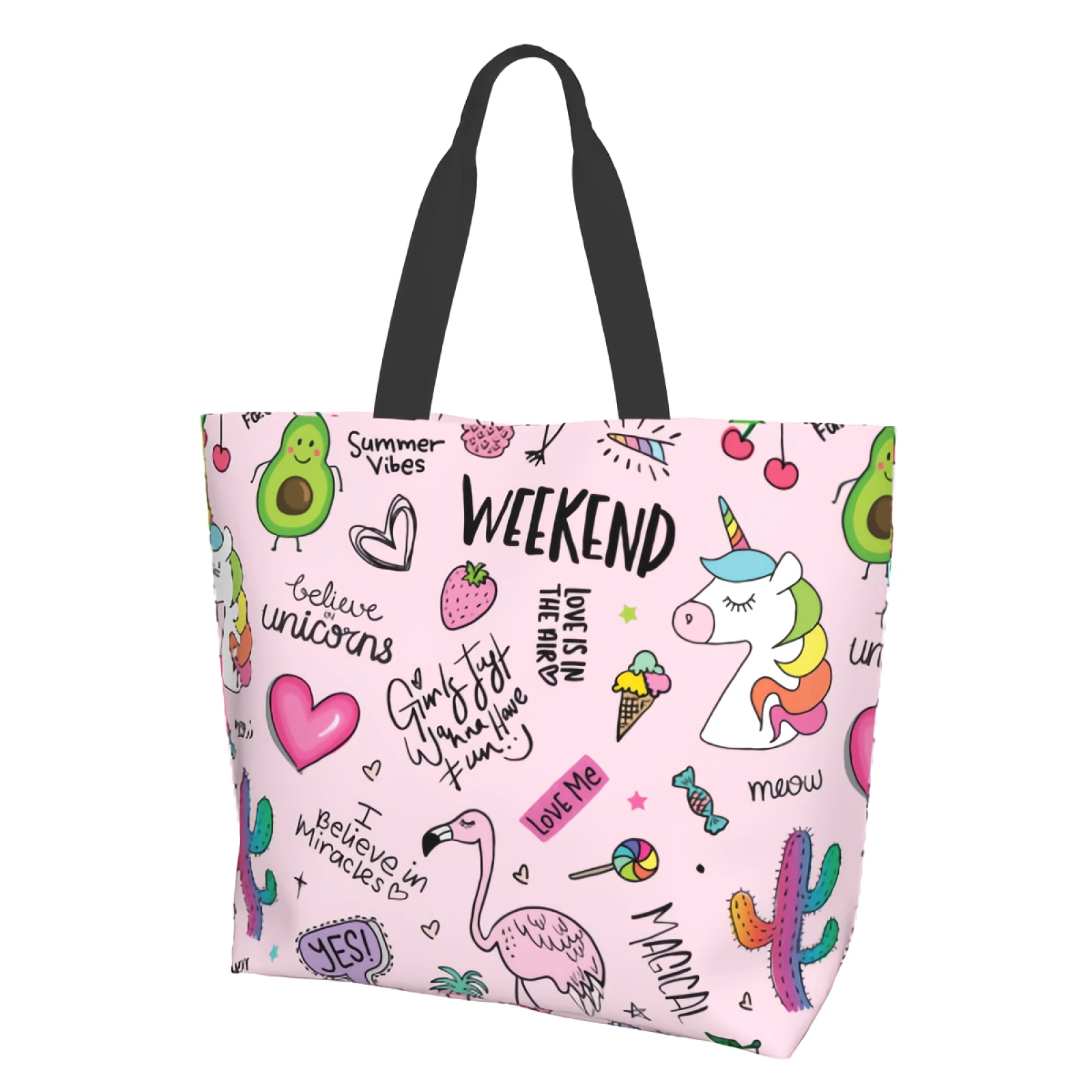 Girls Fun Shopping Bag Reusable Unicorn Flamingo Cactus Tote Bag Cute Pink Shoulder Bag Casual Lightweight Large Capacity