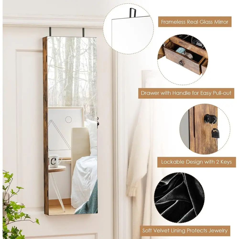 Rustic Brown Wall-Mounted Jewelry Armoire with Full-Length Mirror, LED Lights, Lockable Organizer, and Storage view 6