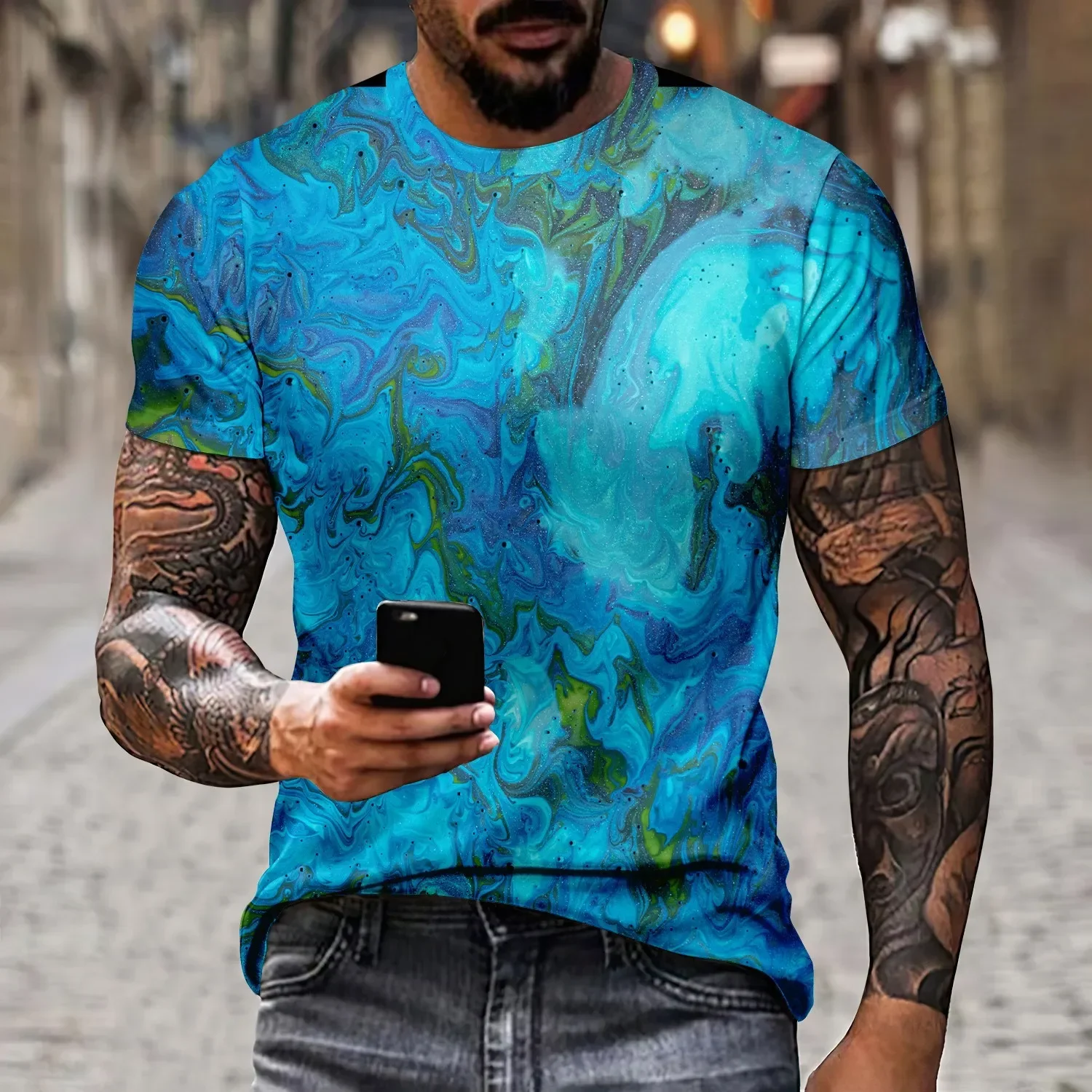 

3D Printed Men's Halo Dyeing, Harajuku Fashion, Casual Wide Neckline T-shirt, Summer Top, Streetwear Comfortable Cool