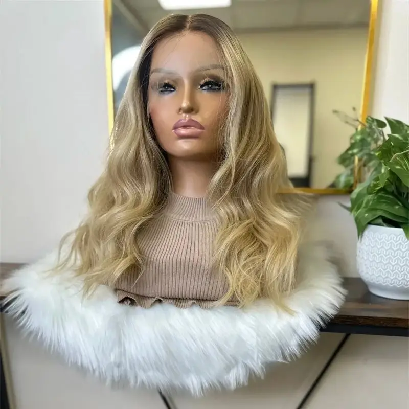 Wigs Female 13x4 Ombre Golden Blonde Synthetic HD Lace Front Wig Small Large Size Cap Middle Part with Natural Hairline 20 Inch