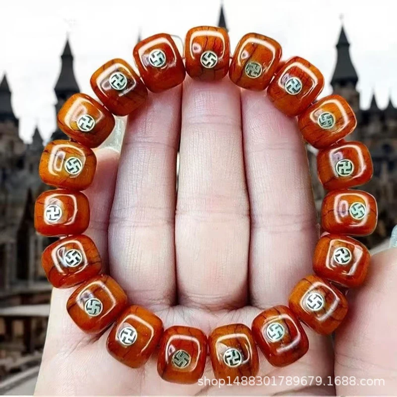 

Tibetan-style old yak bone beads inlaid with motifs, single-strand Buddhist bracelet