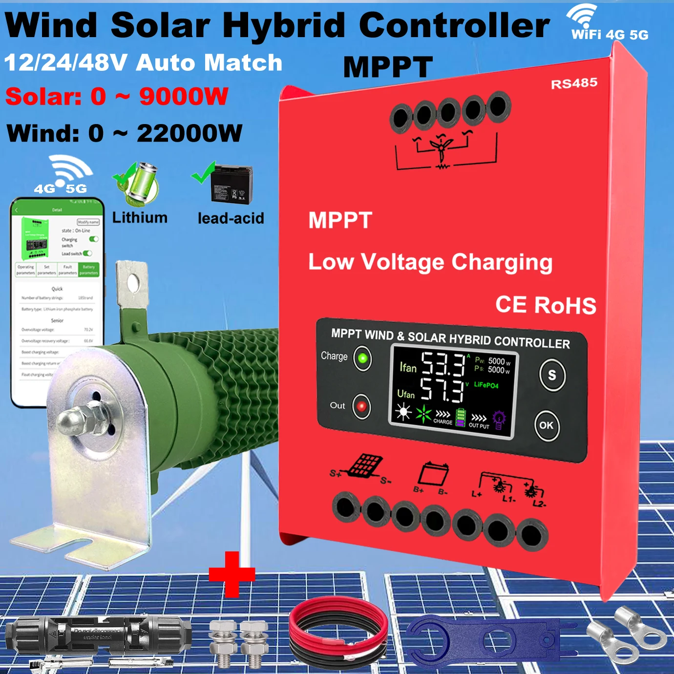 12V 24V 48V 3000W Built-in WiFi Hybrid Wind Energy Solar Charging Controller MPPT Wind System Lifepo4 Lithium Lead Acid Battery