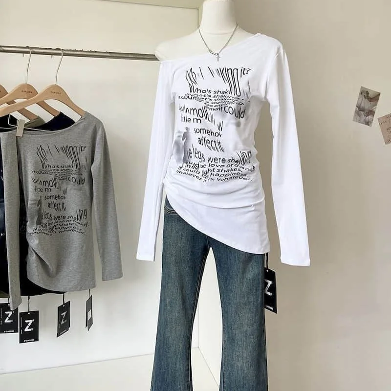 

T-shirts Women Sporty Slanted Collar Oversized Sexy Tops Vintage Casual American Style Smock Long Sleeve Autumn Women Clothes