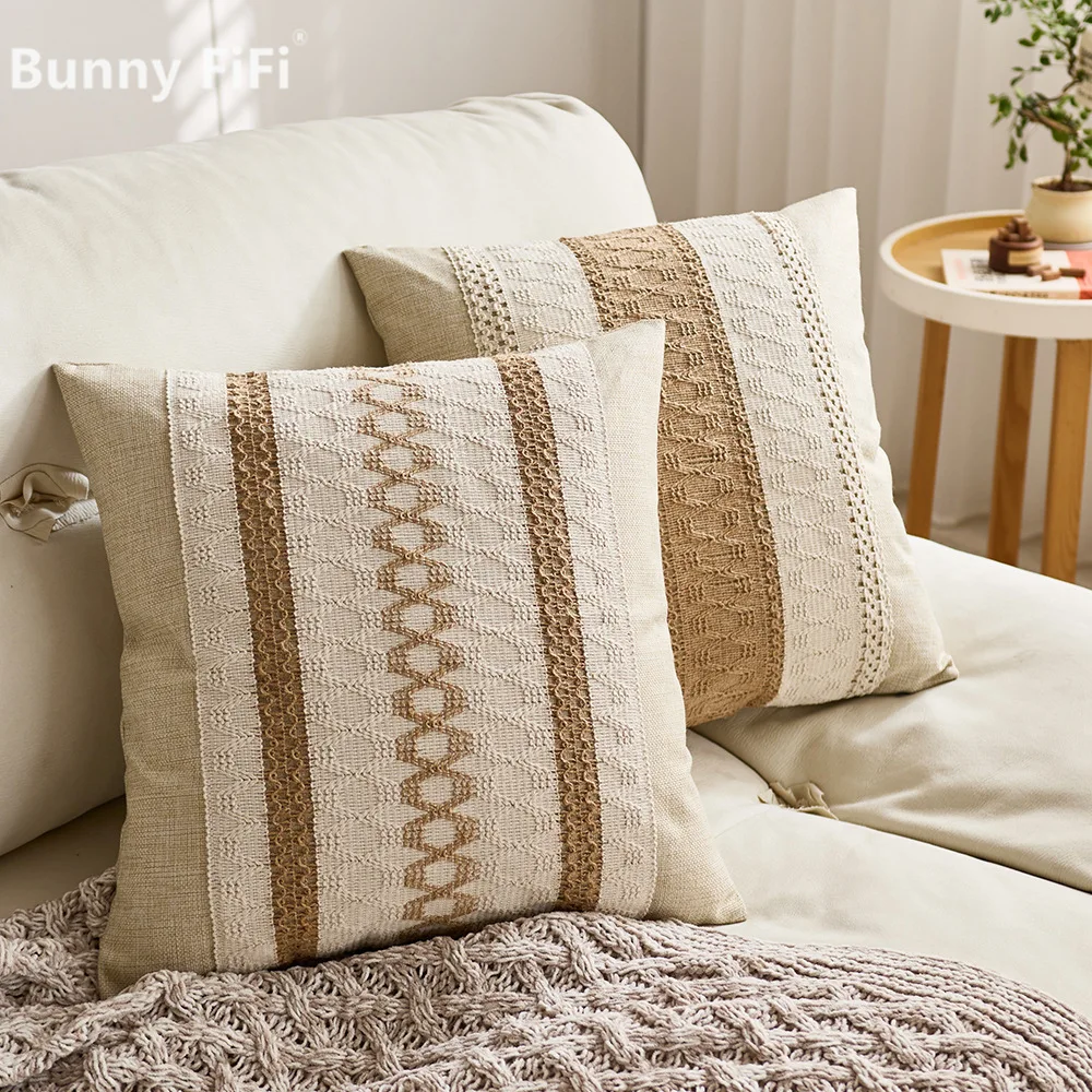 

Luxury Textured Striped Woven Boho Cushion Covers Soft Linen Rustic Neutral Decorative Throw Pillow Cases For Sofa Bed Decor